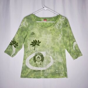 Glima Top Women Large Petite Green Asian Tie-Dye 3/4 90s Grunge FLAW*Holes